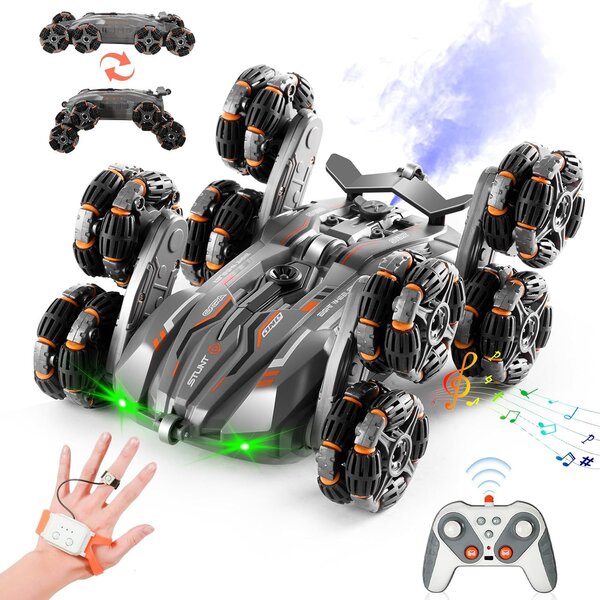 Ntech Ntech 8WD RC Stunt Auto met Gebarenbesturing Grijs – 360° Flip & Spins, Dubbelzijdig Rijden, LED-Verlichting, Waternevel & Muziek – 2,4 GHz Afstandsbediening – Stoere Stuntauto voor Kinderen