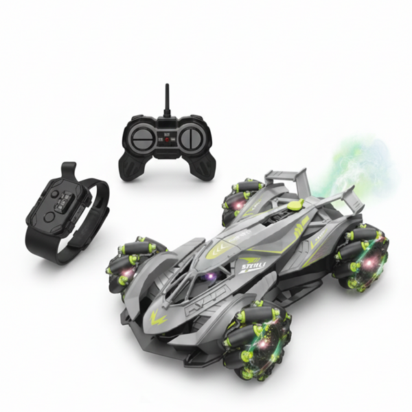 Ntech Ntech RC Drift Stunt Auto voor Kinderen Grijs – 2,4 GHz 8-Kanaals Afstandsbediening, 360° Spins, LED-Licht, Waternevel & Muziek – Oplaadbare Stuntauto met USB
