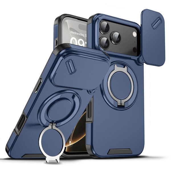 Ntech  Hoesje Geschikt voor iPhone 18 Pro Max Hoesje - Blauw Hybrid Armor, Schokbestendig met Ringhouder & Kickstand, Verhoogde Camerabescherming – voor MagSafe - Ntech