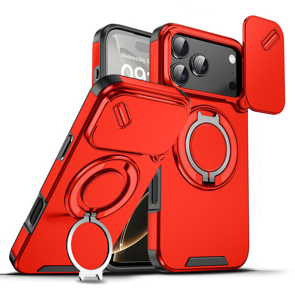 Ntech  Hoesje Geschikt voor iPhone 18 Pro Max Hoesje - Rood Hybrid Armor, Schokbestendig met Ringhouder & Kickstand, Verhoogde Camerabescherming – voor MagSafe - Ntech