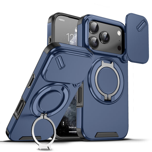 Ntech  Hoesje Geschikt voor iPhone 18 Pro Hoesje - Blauw Hybrid Armor, Schokbestendig met Ringhouder & Kickstand, Verhoogde Camerabescherming – voor MagSafe - Ntech