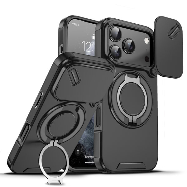Ntech  Hoesje Geschikt voor iPhone 18 Pro Hoesje - Zwart Hybrid Armor, Schokbestendig met Ringhouder & Kickstand, Verhoogde Camerabescherming – voor MagSafe - Ntech