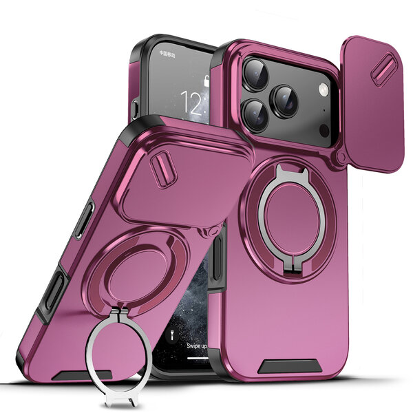 Ntech  Hoesje Geschikt voor iPhone 18 Pro Hoesje - Kersenrood Hybrid Armor, Schokbestendig met Ringhouder & Kickstand, Verhoogde Camerabescherming – voor MagSafe - Ntech