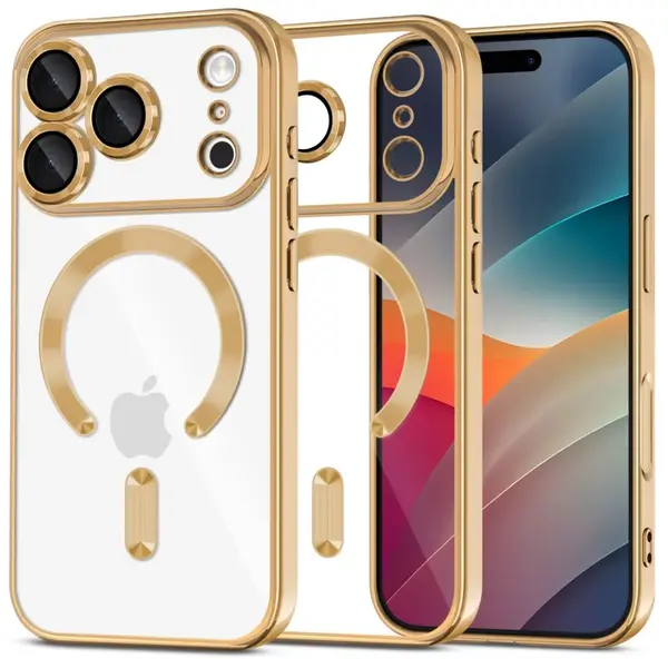 Ntech Hoesje Geschikt  iPhone 18 Pro Max Hoesje – Transparant/Goud Hybrid Backcover, MagSafe Compatibel & Verhoogde Camerabescherming – Slank en Stevig - Ntech