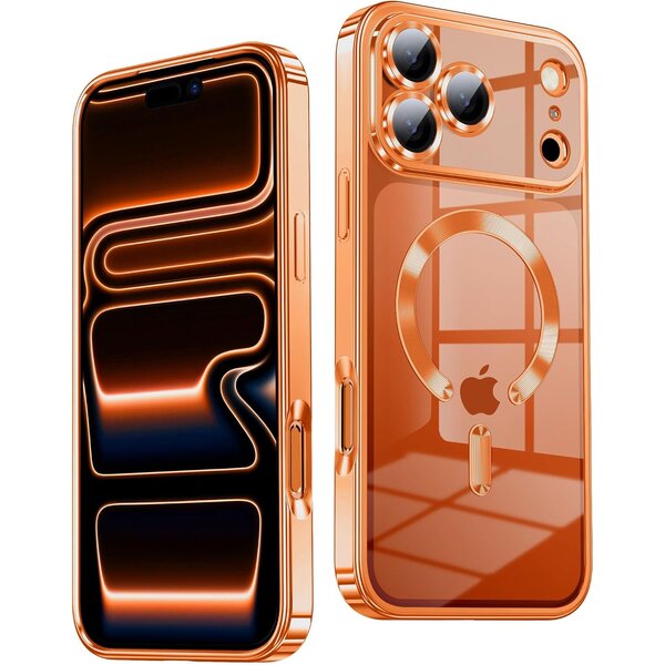 Ntech Hoesje Geschikt  iPhone 18 Pro Max Hoesje – Transparant/Oranje Hybrid Backcover, MagSafe Compatibel & Verhoogde Camerabescherming – Slank en Stevig - Ntech