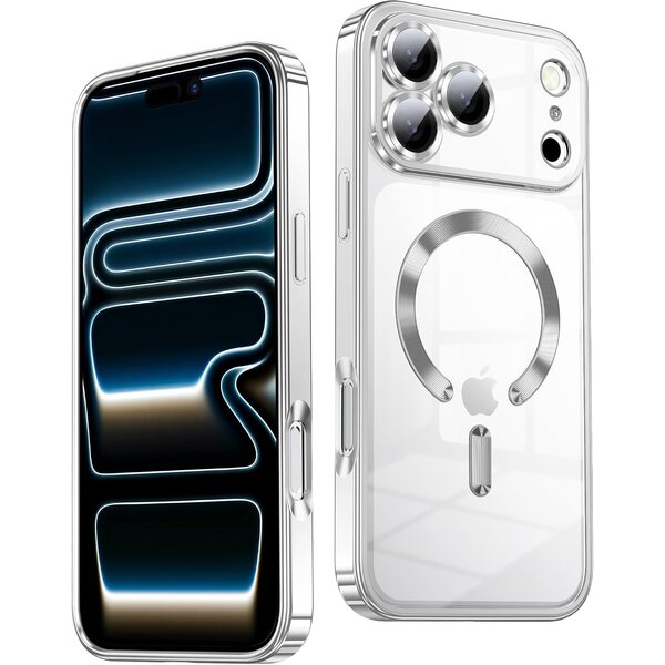 Ntech Hoesje Geschikt  iPhone 18 Pro Max Hoesje – Transparant/Zilver Hybrid Backcover, MagSafe Compatibel & Verhoogde Camerabescherming – Slank en Stevig - Ntech