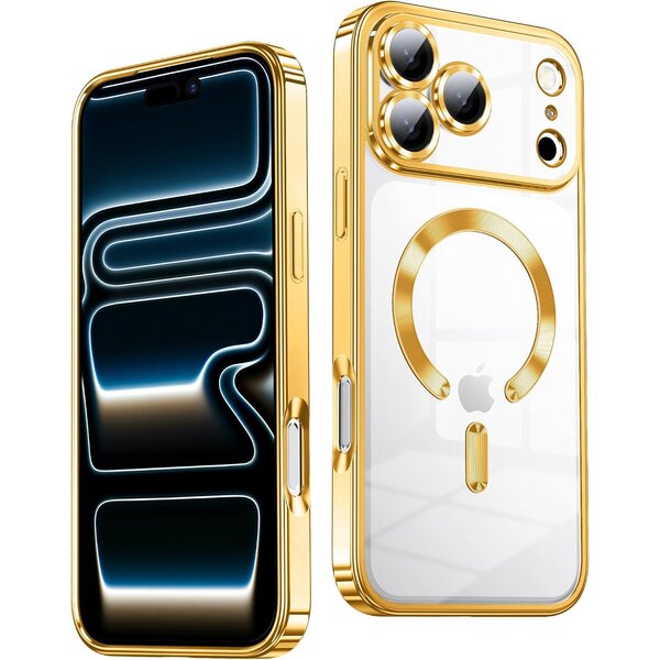 Ntech Hoesje Geschikt  iPhone 18 Pro Hoesje – Transparant/Goud Hybrid Backcover, MagSafe Compatibel & Verhoogde Camerabescherming – Slank en Stevig - Ntech