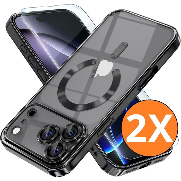 Ntech Ntech Hoesje Geschikt voor iPhone 18 Pro Max / iPhone 17 Pro Max hoesje Zwart – MagSafe Transparante Backcover met Lensbeschermer + Screenprotector – 2 Stuks