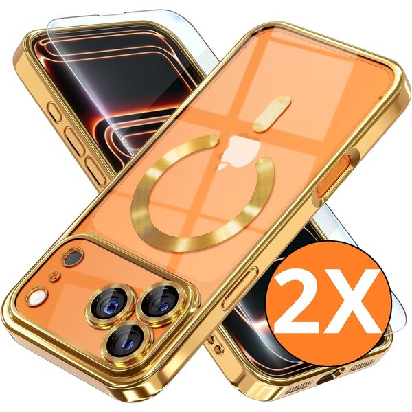 Ntech Ntech Hoesje Geschikt voor iPhone 18 Pro Max / iPhone 17 Pro Max hoesje Goud – MagSafe Transparante Backcover met Lensbeschermer + Screenprotector – 2 Stuks