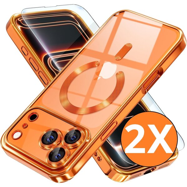 Ntech Ntech Hoesje Geschikt voor iPhone 18 Pro Max / iPhone 17 Pro Max hoesje Oranje – MagSafe Transparante Backcover met Lensbeschermer + Screenprotector – 2 Stuks