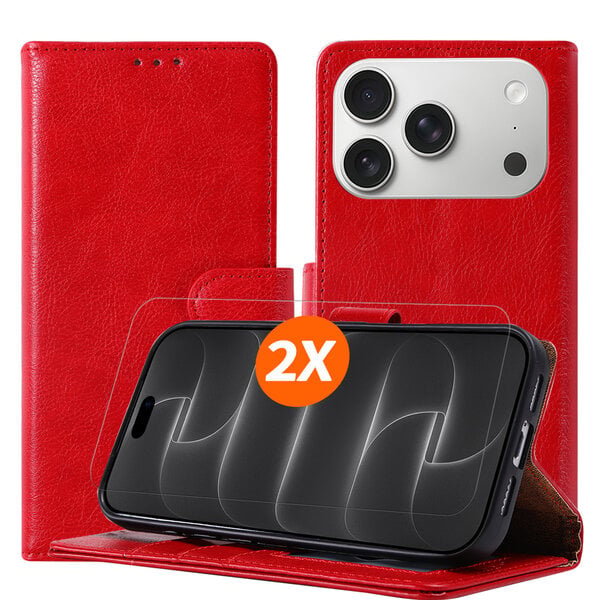 Ntech Hoesje geschikt voor iPhone 18 Pro hoesje Rood pasjeshouder telefoon hoes - Met screenprotector tempered glass voor iPhone 18 pro - 2x