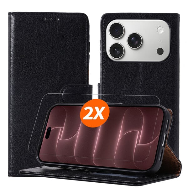 Ntech Hoesje geschikt voor iPhone 18 Pro Max hoesje Zwart pasjeshouder telefoon hoes - Met screenprotector tempered glass voor iPhone 18 Pro Max - 2x