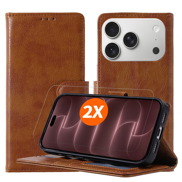 Ntech Hoesje geschikt voor iPhone 18 Pro Max hoesje Bruin pasjeshouder telefoon hoes - Met screenprotector tempered glass voor iPhone 18 Pro Max - 2x
