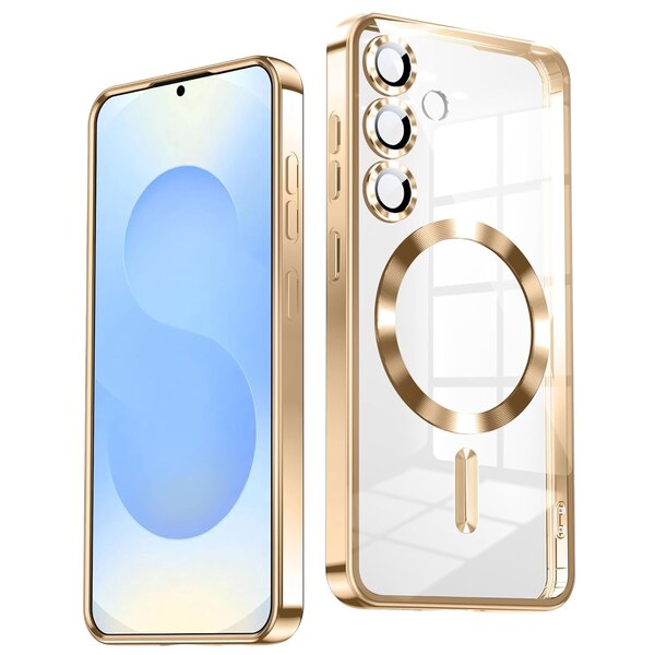 Ntech Hoesje Geschikt voor Samsung Galaxy S26 FE / S25 FE hoesje backcover Goud – Geschikt voor Magsafe Lens beschermer – Transparant