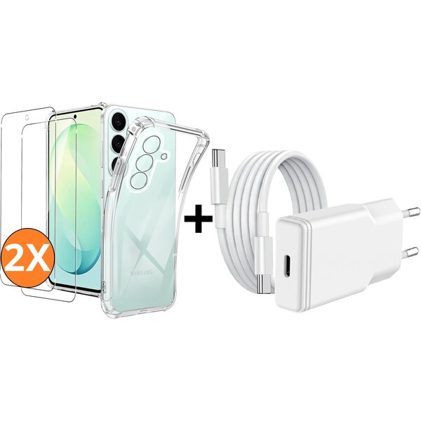 Ntech USB C Adapter 20W - USB C Snellader Met 1M USB C Kabel - Hoesje Geschikt voor Samsung Galaxy S26 FE transparant Anti Shock silicone hoesje met 2x screenprotector- Ntech COMBI-SET