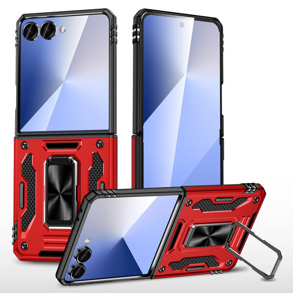 Ntech Hoesje Geschikt voor Samsung Galaxy Z Flip 8 Hoesje Rood - Anti-Shock Hybrid Armor hoesje Met Draaibare Ring Houder Backcover Telefoonhoesje
