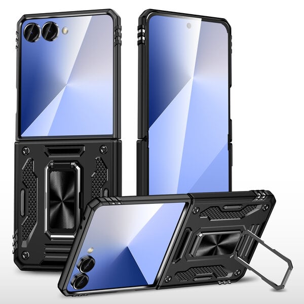 Ntech Hoesje Geschikt voor Samsung Galaxy Z Flip 8 Hoesje Zwart - Anti-Shock Hybrid Armor hoesje Met Draaibare Ring Houder Backcover Telefoonhoesje