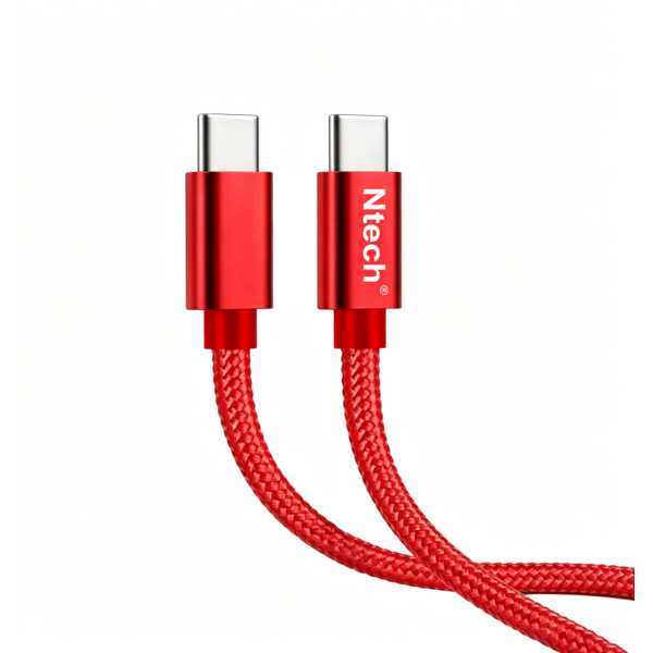 Ntech Ntech - USB C Kabel - 65W Snellader Kabel 1.2M - USB C naar USB C Oplaadsnoer Telefoon - Laptop - Geschikt voor iPhone  en Samsung Galaxy - Sony - OnePlus - Gevlochten Nylon Rood