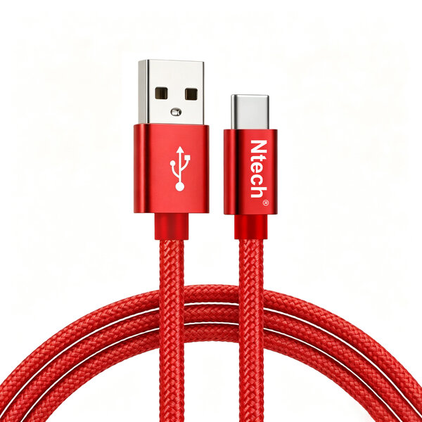 Ntech Ntech - USB-C Data- en Laadkabel - 2.4A Snellader Kabel 1 M- Fast en Quick Charge Oplaadkabel - Type C Naar USB-A - Oplaadsnoer Telefoon - Laptop - Geschikt voor Samsung Galaxy en Note - Sony - OnePlus - Gevlochten Nylon Rood