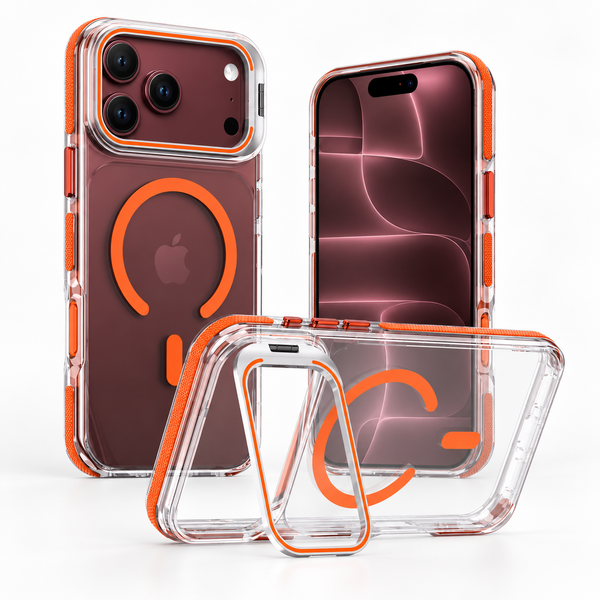 Ntech Ntech Magsafe Geschikt voor iPhone 18 Pro / 17 Pro Hoesje Transparant / Oranje – Stand Functie – Shockproof Bumper case