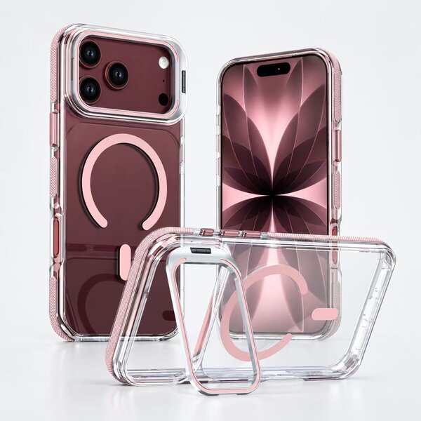 Ntech Ntech Magsafe Geschikt voor iPhone 18 Pro / 17 Pro Hoesje Transparant / Roze – Stand Functie – Shockproof Bumper case
