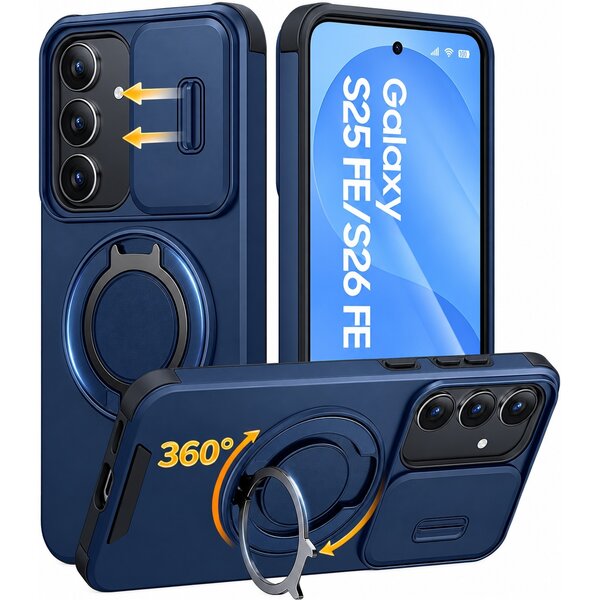 Ntech Hoesje Geschikt voor Samsung Galaxy S26 FE / S25 FE hoesje Blauw - Shock Hybrid Armor Hoes met Kickstand Ring en Camera Bescherming - Geschikt voor MagSafe