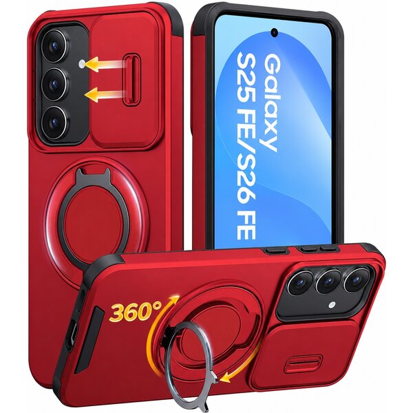 Ntech Hoesje Geschikt voor Samsung Galaxy S26 FE / S25 FE hoesje Rood - Shock Hybrid Armor Hoes met Kickstand Ring en Camera Bescherming - Geschikt voor MagSafe