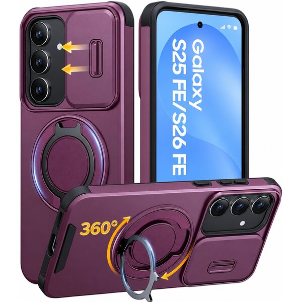 Ntech Hoesje Geschikt voor Samsung Galaxy S26 FE / S25 FE hoesje Burgundy - Shock Hybrid Armor Hoes met Kickstand Ring en Camera Bescherming - Geschikt voor MagSafe