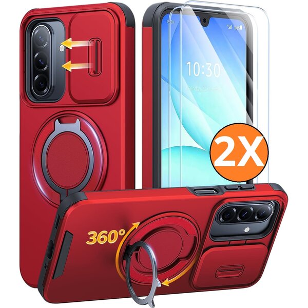 Ntech Hoesje Geschikt voor Samsung Galaxy A18 / A17 5G / hoesje Rood backcover met Met Draaibare Ring Houder en camera bescherming + Samsung A18 Screenprotector 2 pack