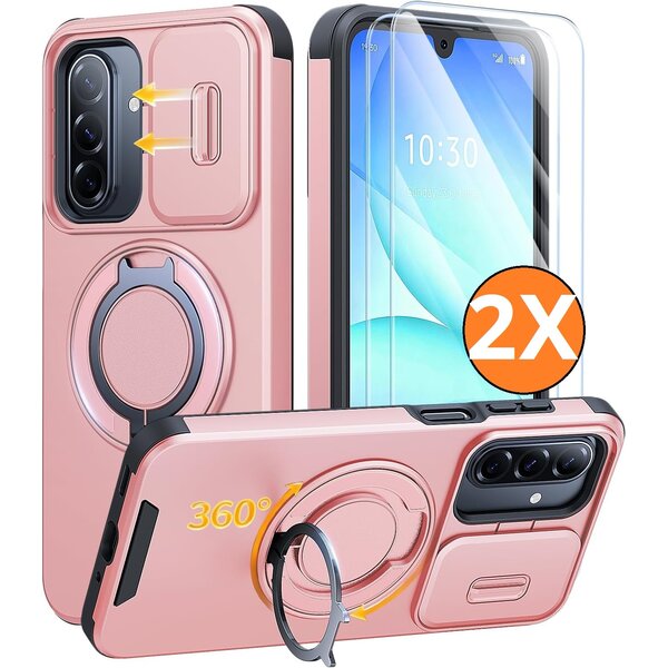 Ntech Hoesje Geschikt voor Samsung Galaxy A18 / A17 5G / hoesje Rose Goud backcover met Met Draaibare Ring Houder en camera bescherming + Samsung A18 Screenprotector 2 pack