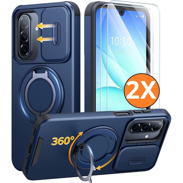 Ntech Hoesje Geschikt voor Samsung Galaxy A18 / A17 5G / hoesje Blauw backcover met Met Draaibare Ring Houder en camera bescherming + Samsung A18 Screenprotector 2 pack