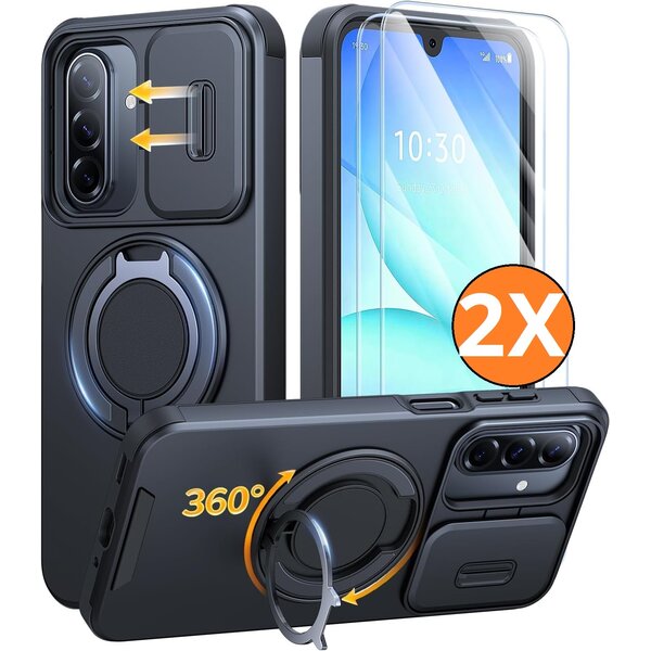 Ntech Hoesje Geschikt voor Samsung Galaxy A18 / A17 5G / hoesje Zwart backcover met Met Draaibare Ring Houder en camera bescherming + Samsung A18 Screenprotector 2 pack