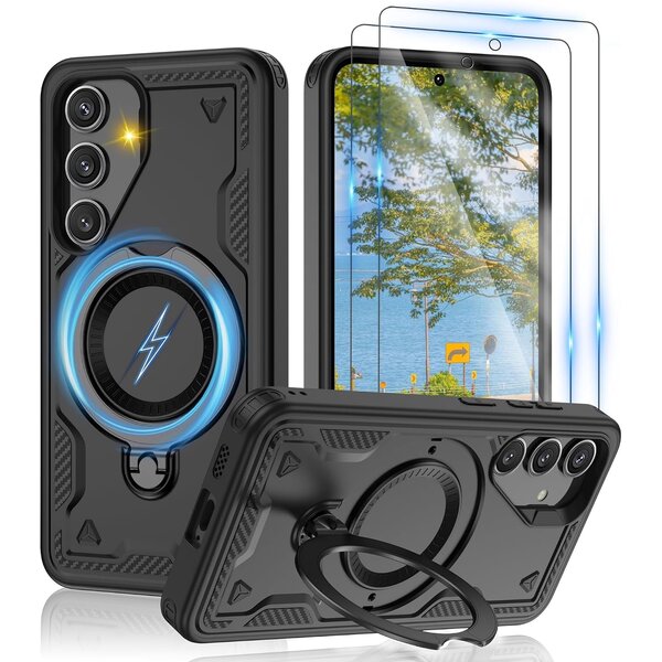 Ntech Magsafe Hoesje Geschikt voor Samsung Galaxy A18 / A17 5G / hoesje Zwart backcover met Met Draaibare Ring Houder en camera bescherming + Samsung A18 Screenprotector 2 pack