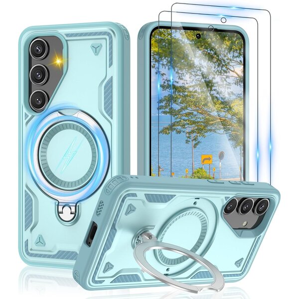 Ntech Magsafe Hoesje Geschikt voor Samsung Galaxy A18 / A17 5G / hoesje Lake Blauw backcover met Met Draaibare Ring Houder en camera bescherming + Samsung A18 Screenprotector 2 pack