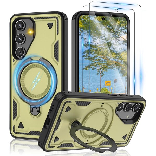 Ntech Magsafe Hoesje Geschikt voor Samsung Galaxy A18 / A17 5G / hoesje Groen backcover met Met Draaibare Ring Houder en camera bescherming + Samsung A18 Screenprotector 2 pack