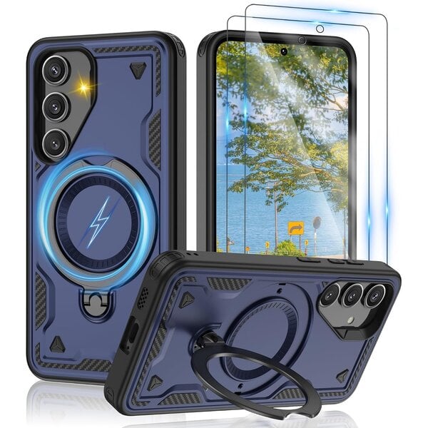 Ntech Magsafe Hoesje Geschikt voor Samsung Galaxy A18 / A17 5G / hoesje Navy backcover met Met Draaibare Ring Houder en camera bescherming + Samsung A18 Screenprotector 2 pack