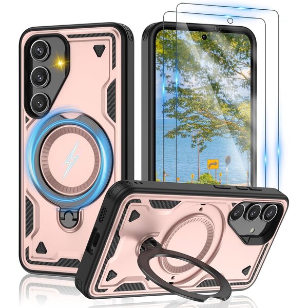 Ntech Magsafe Hoesje Geschikt voor Samsung Galaxy A18 / A17 5G / hoesje Rose Goud backcover met Met Draaibare Ring Houder en camera bescherming + Samsung A18 Screenprotector 2 pack