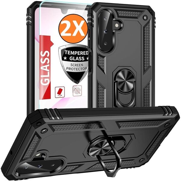 Ntech Hoesje Geschikt voor Samsung Galaxy A18 / A17 5G / A26 5G Hoesje Zwart Anti-Shock Hybrid Armor hoesje Met Draaibare Ring Houder - Samsung A18 / A17 Screenprotector 2 pack