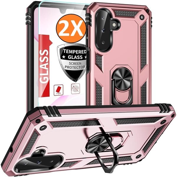 Ntech Hoesje Geschikt voor Samsung Galaxy A18 / A17 5G / A26 5G Hoesje Rose Goud Anti-Shock Hybrid Armor hoesje Met Draaibare Ring Houder - Samsung A18 / A17 Screenprotector 2 pack