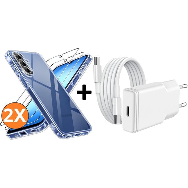 Ntech USB C Adapter 20W - USB C Snellader Met 1M USB C Kabel - Hoesje Geschikt voor Samsung Galaxy A18 transparant Anti Shock silicone hoesje met 2x screenprotector- Ntech COMBI-SET