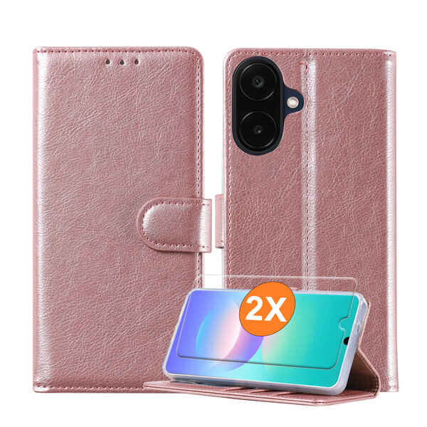 Ntech Hoesje geschikt voor Samsung Galaxy A08 hoesje Rose Goud pasjeshouder telefoon hoes - Met screenprotector tempered glass voor Galaxy A08 / A07 5G - 2x