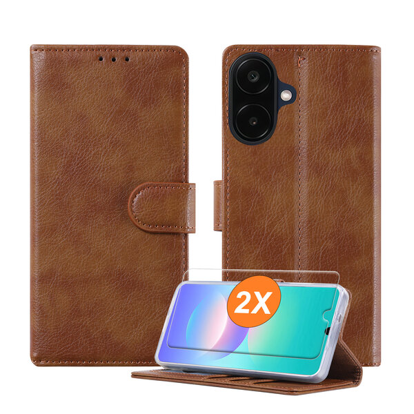 Ntech Hoesje geschikt voor Samsung Galaxy A08 hoesje Bruin pasjeshouder telefoon hoes - Met screenprotector tempered glass voor Galaxy A08 / A07 5G - 2x