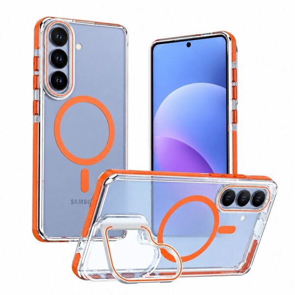 Ntech Ntech Magsafe hoesje Geschikt voor Samsung Galaxy S25 FE / S26 FE Hoesje Oranje - Transparant – Stand Functie – Shockproof Bumper case