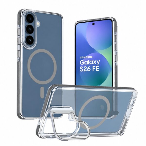 Ntech Ntech Magsafe hoesje Geschikt voor Samsung Galaxy S25 FE / S26 FE Hoesje Zwart - Transparant – Stand Functie – Shockproof Bumper case