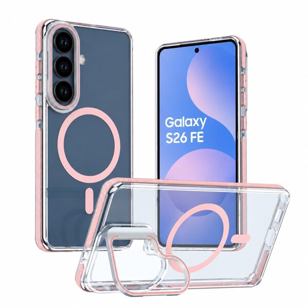 Ntech Ntech Magsafe hoesje Geschikt voor Samsung Galaxy S25 FE / S26 FE Hoesje Roze - Transparant – Stand Functie – Shockproof Bumper case