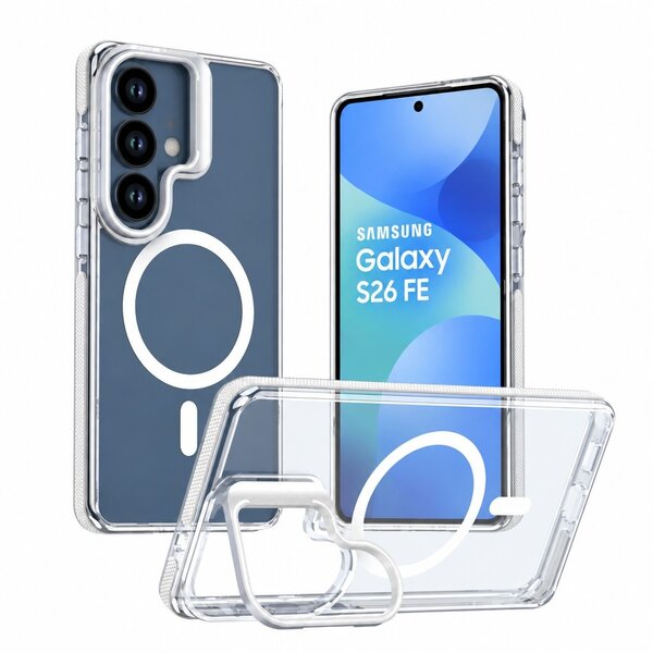 Ntech Ntech Magsafe hoesje Geschikt voor Samsung Galaxy S25 FE / S26 FE Hoesje Wit - Transparant – Stand Functie – Shockproof Bumper case