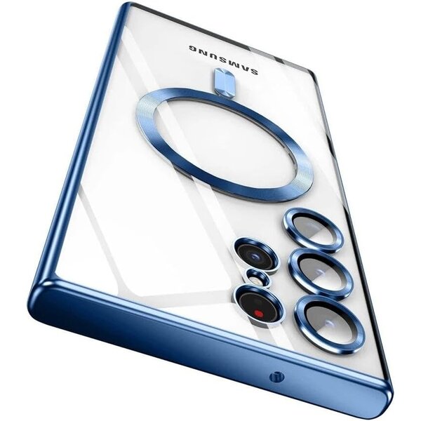 Ntech Hoesje Geschikt voor Samsung Galaxy S25 Ultra Magsafe hoesje backcover Blauw – Lens beschermer – Transparant