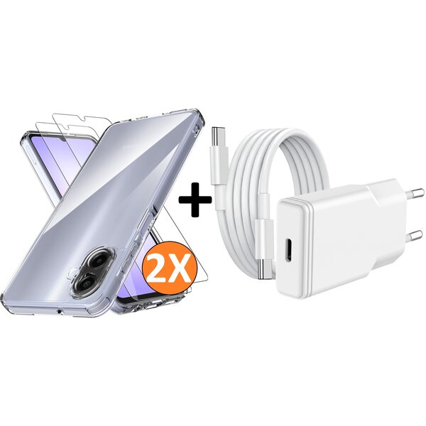 Ntech USB C Adapter oplader - USB C Snellader 20W Met 1m Kabel - Hoesje Geschikt voor Samsung Galaxy A08 / A07 4G / 5G transparant Anti Shock silicone met 2x screenprotector- Ntech COMBI-SET