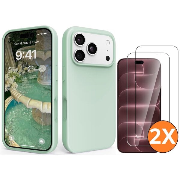 Ntech Hoesje geschikt voor iPhone 17 Pro / 18 Pro siliconen hoesje Mint Groen zacht siliconen hoesje backcover - met iPhone 18 Pro Screenprotector - 2 stuks
