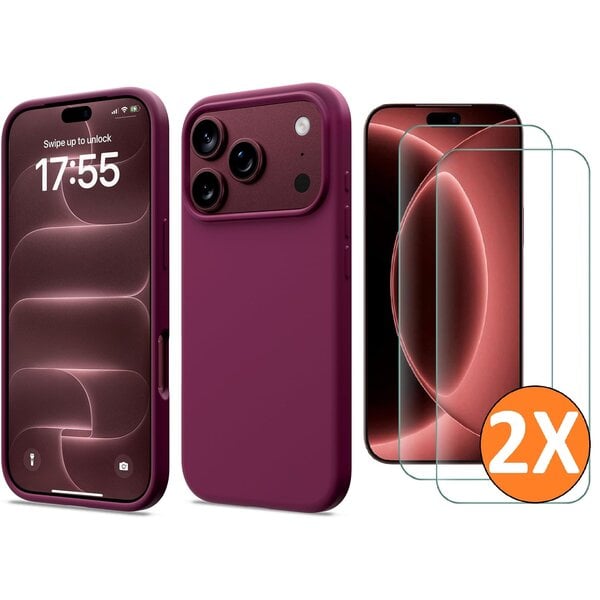 Ntech Hoesje geschikt voor iPhone 17 Pro / 18 Pro siliconen hoesje Bordeaux zacht siliconen hoesje backcover - met iPhone 18 Pro Screenprotector - 2 stuks
